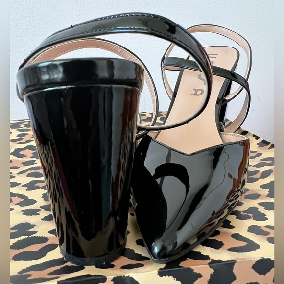 Block Heel Black Patent Leather Shoes with Elastic Strap Pointy Toe Size 9.5 - Picture 3 of 6
